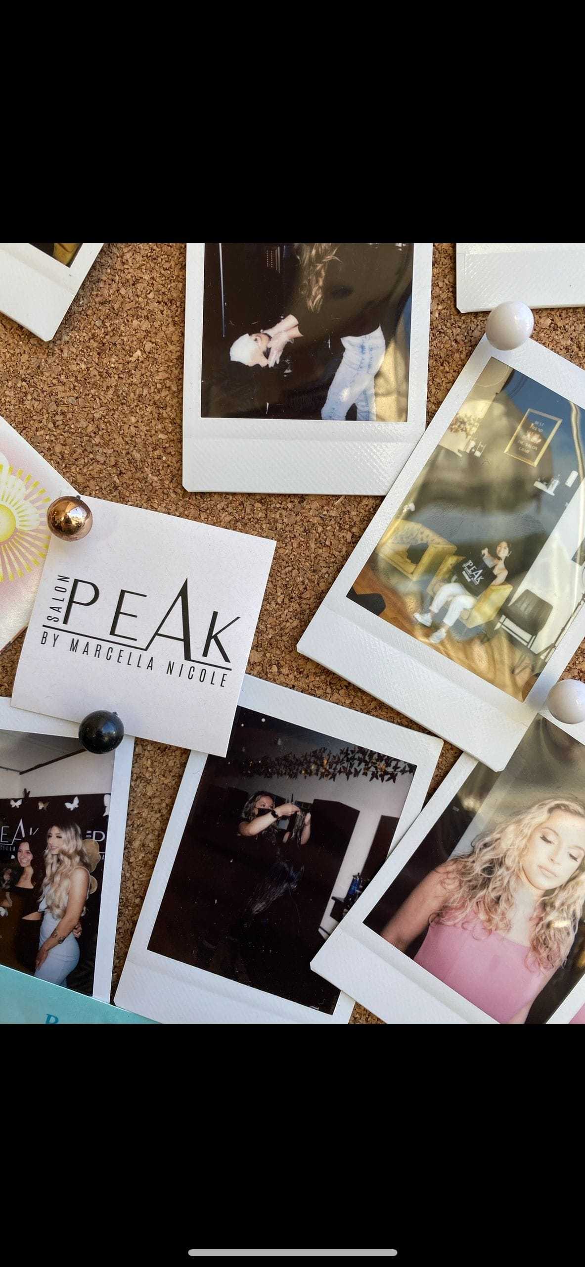 Polaroid collage on corkboard with people, a dog, and a card labeled "PEAK by Marcella Nicole.